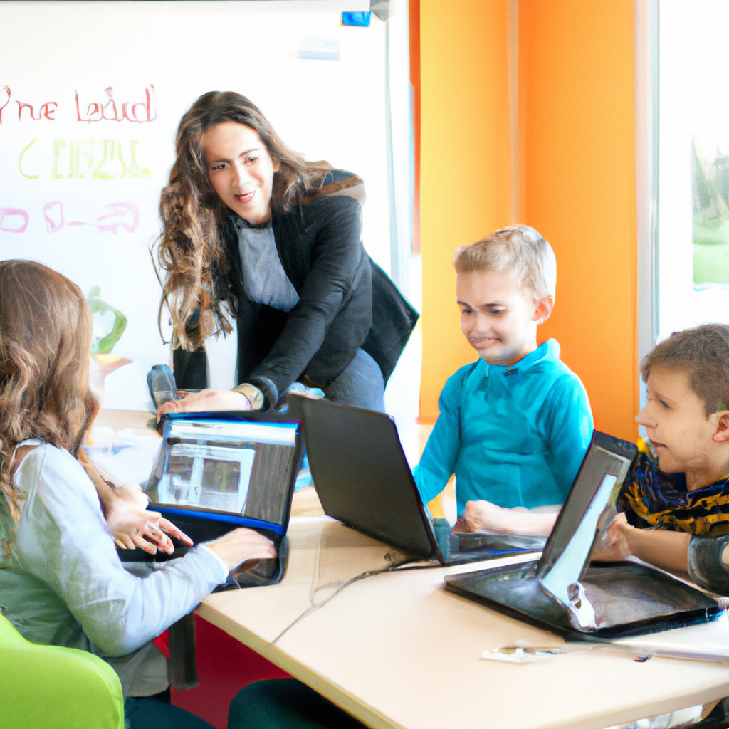 Cheerful kids learning to code with laptops and a helpful teacher in a bright classroom